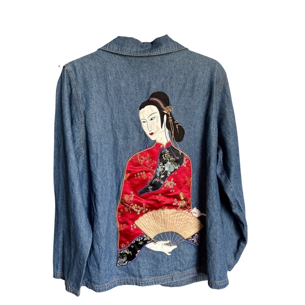 Look East Denim‎ Jacket Women Medium Blue Geisha Embroidered Back Asian Art